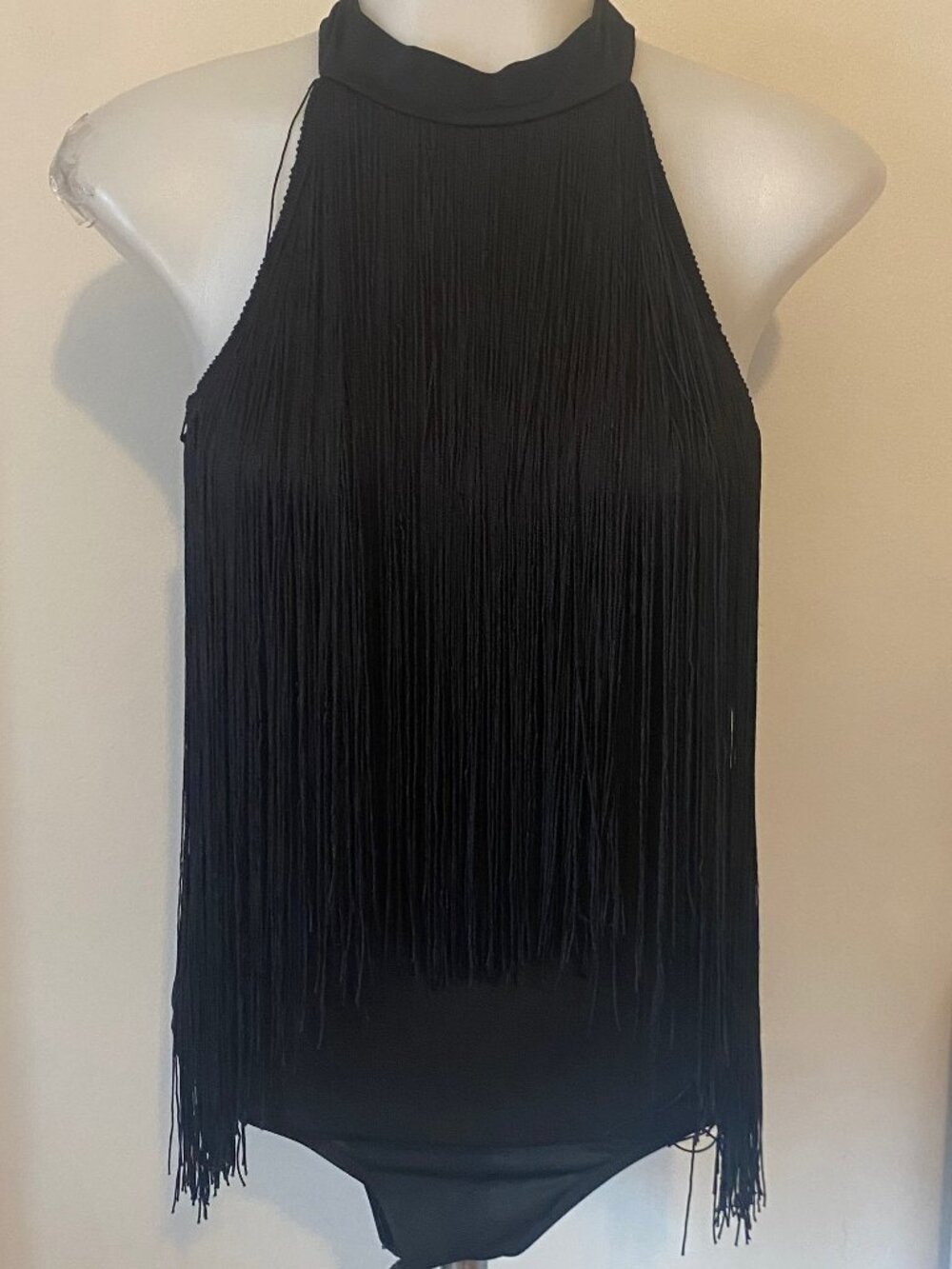 Shein Black Fringe Halter Sleeveless Bodysuit